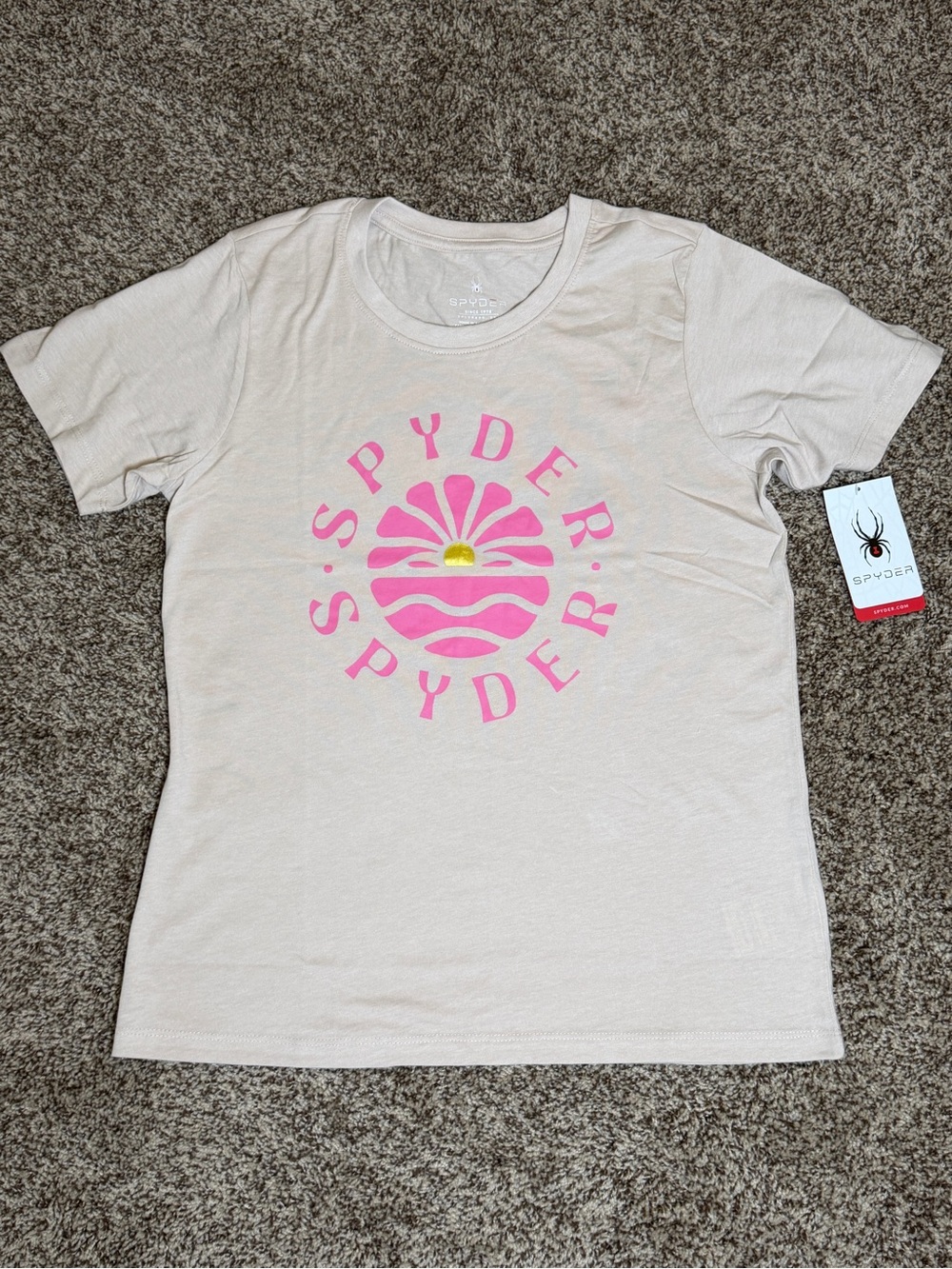 Spyder Women's Beige/Pink Graphic Print Crew Neck Cotton Knit T-Shirt Size M